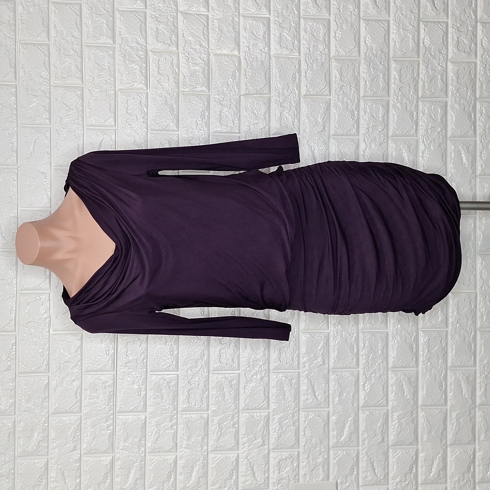 THEORY Eggplant Cowl Neck Rouched Long Sleeve Dress NWT